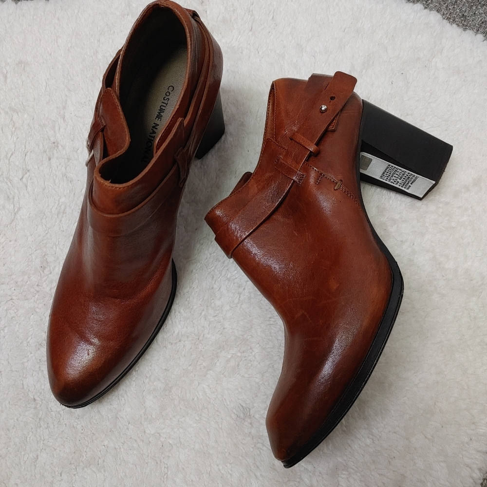 CNC Costume National Cognac Leather Ankle Booties with Buckle Strap
